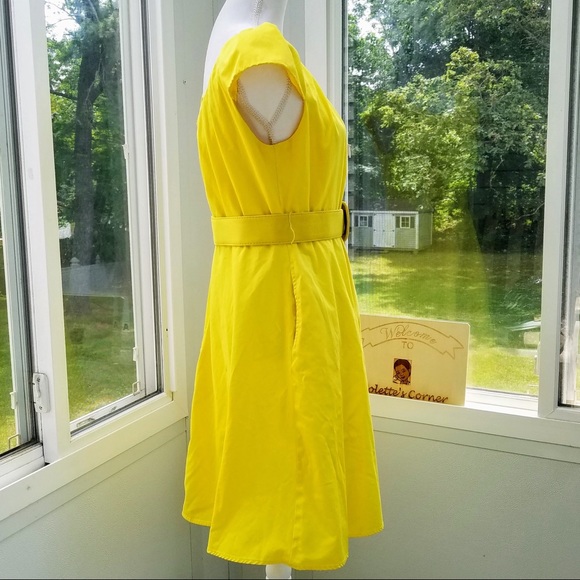 Belted Yellow Cap Sleeve A-Line Cotton Drees - Picture 3 of 7